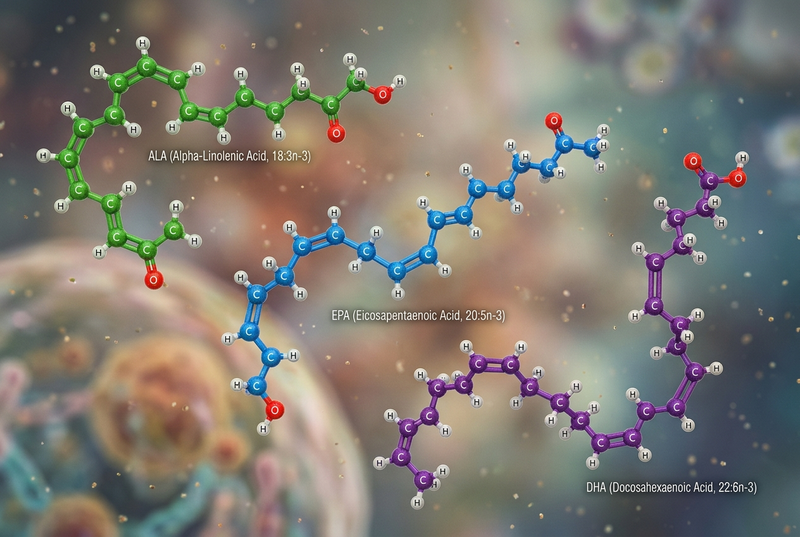 Molecular structures of ALA, EPA, and DHA fatty acids